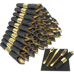 50 Pack Pre Rolled Gold Plastic Silverware Set,Wrapped Plastic Cutlery Set with Napkin Include 50 Forks,50 Spoons,50 Knives and 50 Black Napkins for Party, Wedding,Christmas
