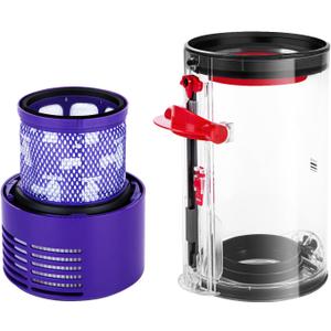 QINAN Upgraded Canister Replacement Parts Compatible With Dyson Cyclone V10 Animal,V10 Total Clean,V10 Absolute,V10 Animal,SV12 Vacuum Dust Bucket HEPA Filter attachments 969509-01, Blue/Grey