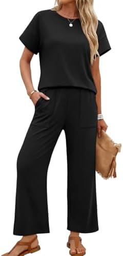 Sampeel Two Piece Sets for Women Cruise Travel Vacation Summer Outfits Lounge Matching Sets Women Clothing Wide Leg Pants Set (Black, M)
