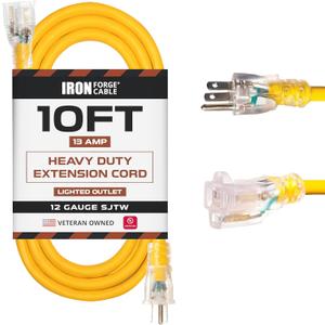 Iron Forge Cable 10 Foot Lighted Outdoor Extension Cord - 12/3 SJTW Heavy Duty Yellow Extension Cable with 3 Prong 15 AMP Grounded Plug for Safety