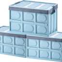 Phyllia Foldable Storage Boxes with Lidsz, 3 Pack Collapsible Plastic Storage Bins Organizer Containers Baskets Cub with Cover, Stackable Utility Crates Storage Box , Blue, 30L 