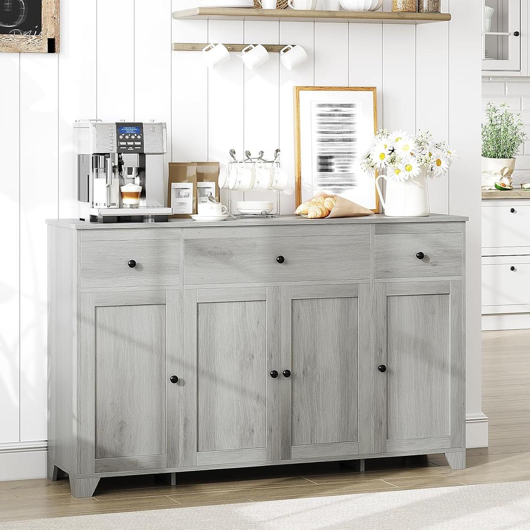 Garvee 55" Sideboard Buffet Cabinet with Storage, Coffee Bar Cabinet with Adjustable Shelves, 3 Drawers and 4 Minimalist Doors, Long Storage Cabinet for Kitchen, Dining Room, Living Room- Grey