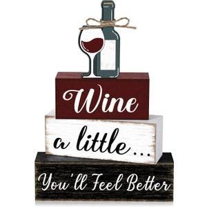 Marsui 4 Pcs Tabletop Decor Rustic Coffee Bar Tiered Tray Decor Decorative Wood Bottle Block Sign Gift Wooden Farmhouse Table Centerpiece for Home Party Shelf Desk Decoration