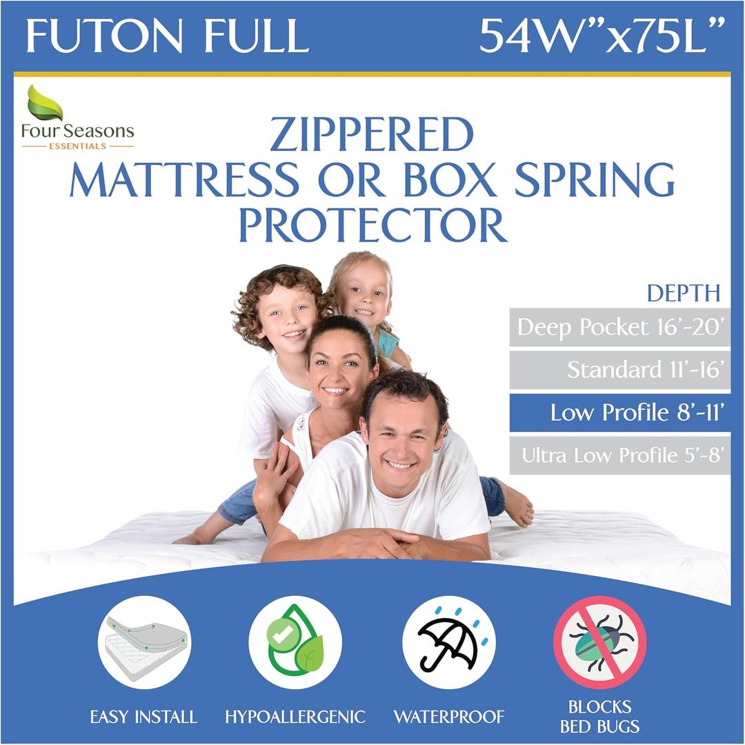 Futon Full Mattress Protector (54" x 75") Waterproof Zippered Encasement Premium White Bed Cover Protects Against Allergens Dust (8"-11" Depth)
