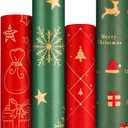 Panigkids Xmas Wrapping Paper Rolls - 4 Jumbo Kraft Wrap (17in x16.4ft Each) for Kids Adults, Festive Golden Red Tree & Green Snowflakes, Durable Holiday Gift Wrap + Jute Twine