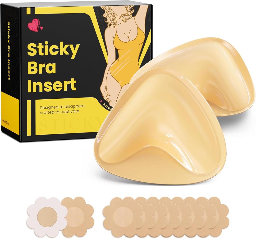 Double Sided Sticky Bra Push Up, Invisible Bra Pad Inserts for Large Breasts, Adhesive Bra for Bikini Swimsuit (Beige, Medium) 