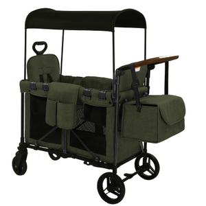 Wagon Stroller for 2 Kids, Foldable All-Terrain Wagon for Kids with Canopy, Adjustable Push and Pull Handles,Convertible High Seat & Organizer, 5 Point Harness (Green)
