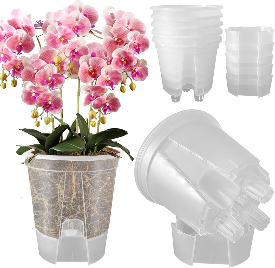 Cdd's Path 5-Pack 6 Inch Self Watering Naked Root Planter Pots with Drainage Holes & Reservoir, Plastic Planters with Air Pipes for Indoor Outdoor PlantsClear