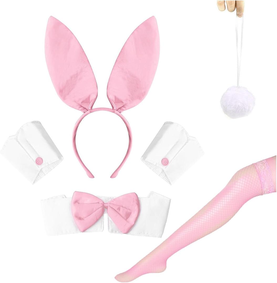 Bunny Costume Set - Ear Headband, Collar Cuffs, Rabbit Tail & Accessories for Halloween & Easter (6 Pcs Pink)