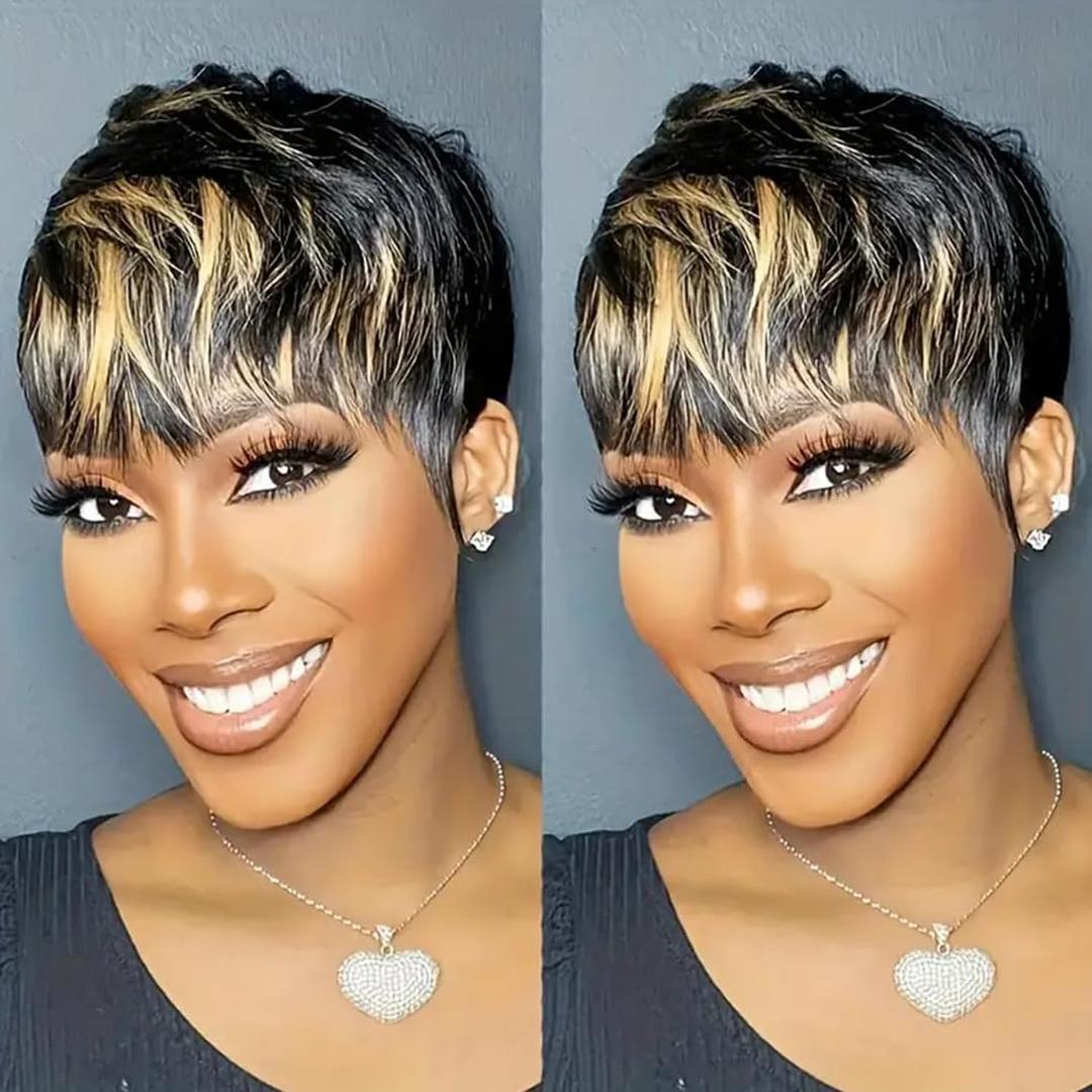 Besteffie Pixie Cut Wig Human Hair Short Pixie Cut Wigs for Black Women Human Hair Glueless Pixie Wig Short Layered Brazilian Virgin Human Hair Wigs for Daily Use (6 Inch, 1B/30)