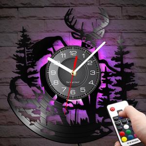 Timethink Cabin Deer Wall Clock with 7 Colors Changing, 12 Inch Deer Hunting Clock Silent Battery Operated Forest Wildlife Mountain Lodge Elk Rustic Farmhouse Wall Watch Clock for Man Cave