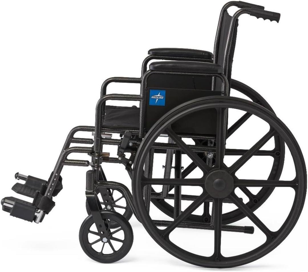 Medline Comfortable Folding Wheelchair with Swing-Back Desk-Length Arms and Away Footrests, 18”W x 16X”D Seat, Carbon Steel, Black