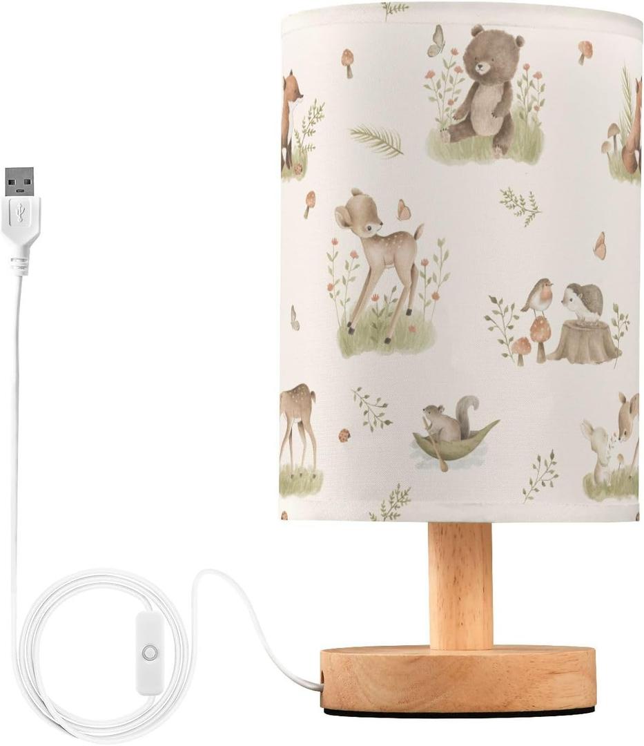 Bedside Table Lamp Woodland Animals Nightstand Lamp with Wood Forest Fox Deer Rabbit Bird Bear Mushroom Desk Lamps for Bedroom Living Room Nursery Office Home Decor