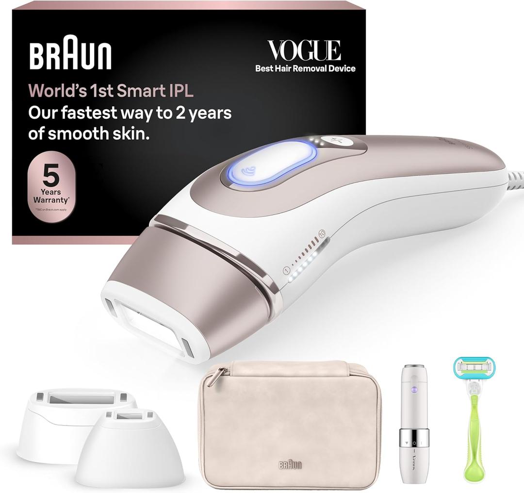 Braun IPL Skin iExpert, at Home Laser Hair Removal, Permanent Visible Hair Reduction, with Free App, Smart IPL, Vanity Case, Venus Razor, 2 Smart Heads, Facial Trimmer, PL7219 (White/Bronze New)