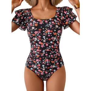 Eomenie Women's Tummy Control One Piece Swimsuit Ruffle Square Neck Bathing Suit Ruched Cutout Back Slimming Swimwear (Black, L)