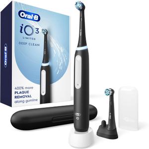 Oral-B Rechargeable Electric Toothbrush, iO3 Limited Deep Clean, 3 Cleaning Modes, Visual Pressure Sensor to Protect Gums, 2 Brush Heads, Travel Case, Black