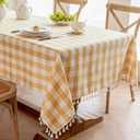 Alsoo Checkered Tablecloth Rectangle Cotton Linen Fabric Gingham Table Cloth Buffalo Plaid Table Cover with Tassel Wrinkle Free Washable for Kitchen Dining Picnic, Yellow and White, 55"X120''