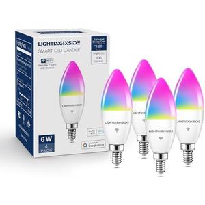 Lightinginside E12 Smart Light Bulbs 60W Equiv., Work with Alexa/Google Home/Smart Life, 500LM 6W RGBCW Candle Candelabra LED Light Bulbs, No Hub Required, 2.4G WiFi Bluetooth Bulb, ETL Listed, 3PCS