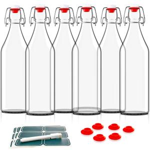 Otis Classic Swing Top Glass Bottles - Set of 6, 16oz w/Marker & Labels - Clear Bottle with Caps for Juice, Water, Kombucha, Beer Brewing, Kefir Milk or Eggnog