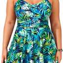 Aqua Eve Plus Size Two Piece Swimsuits for Women Tankini Bathing Suits Flowy Swim Dress with Shorts Blue and Green Leaves, 22W