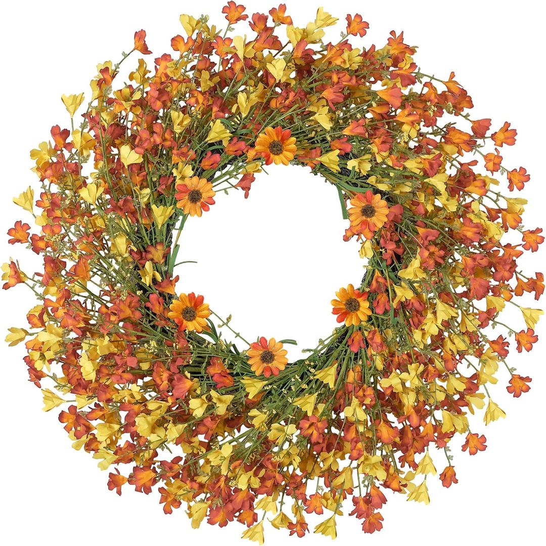 24 Inch Large Spring Wreaths for Front Door Daisy Wreath Easter Wreaths for Front Door Artificial Floral with Wild Floral for Farmhouse Porch Wall Living Room Home Decor-Orange