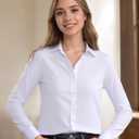 Beninos Women's White Button Down Shirts Elegant Office Dress Shirt Blouse (Large)