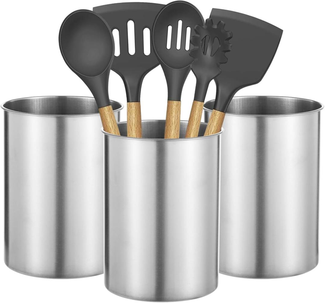 Homaisson 3 PCS Stainless Steel Kitchen Utensil Holders, 5.5 x 7.3 in Cylinder Kitchen Countertop Organizer, Dishwasher Safe Cooking Utensil Holder, Large Capacity for Cafe Restaurant Bakery (Sliver)