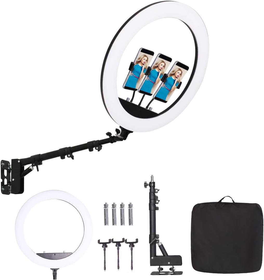 25 '' Ring Light Wall Mount with Phone Holder, Rotatable Triangle Boom Arm Overhead Light Stand for Photography Lighting Studio, Live Streaming, Salon, Barber Light, Beauty Tattoo Light