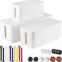 3 Pack Cable Management Box with 18 PCS Cable Management Set  Large & Medium & Small Cable Organizer Box to Hide Wires & Power Strips | TV Cord Organizer Box | for Home & Office, White