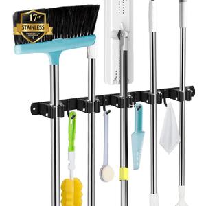 Black 5 Racks and 4 Hooks Mop and Broom Holder Wall Mount, Broom Organizer Storage Tool Racks Stainless Steel Heavy Duty Hooks Self Adhesive Solid Non-slip for Home Kitchen Garden Laundry Garage