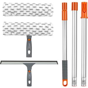 ITTAHO Squeegee for Window Cleaning,12" Squeegee and 11" Microfiber Scrubber Combo with Stainless Steel Pole,Extendable Squeegee Window Cleaner for Car,Sliding Door,Shower Glass, Door-Orange