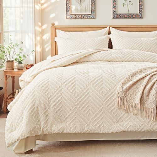 Zzlpp King Comforter Set 7 Pieces, Cream Tufted Bed in a Bag with Comforter and Sheets, All Season Boho Bedding Sets with 1 Comforter, 2 Pillow Shams, 2 Pillowcases, 1 Flat Sheet, 1 Fitted Sheet Cream