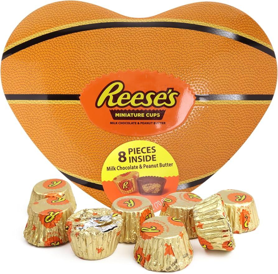 Valentine's Hershey's Heart Shaped Tin, Basketball Themed Container Filled with Miniature Reese Peanut Butter Cups, Gift Basket, Part Favors, & More, 3.7 Ounces BBD: 01AUG26