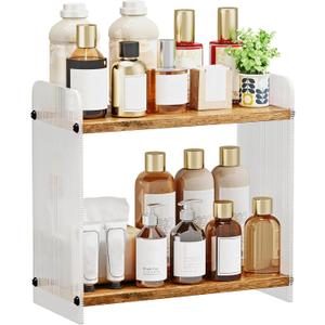 Bathroom Countertop Organizer, 2-Tier Vanity Organizer and Storage for Cosmetic Skincare Perfume, Wood Acrylic Storage Shelf for Bathroom Kitchen Corner, Rustic Brown