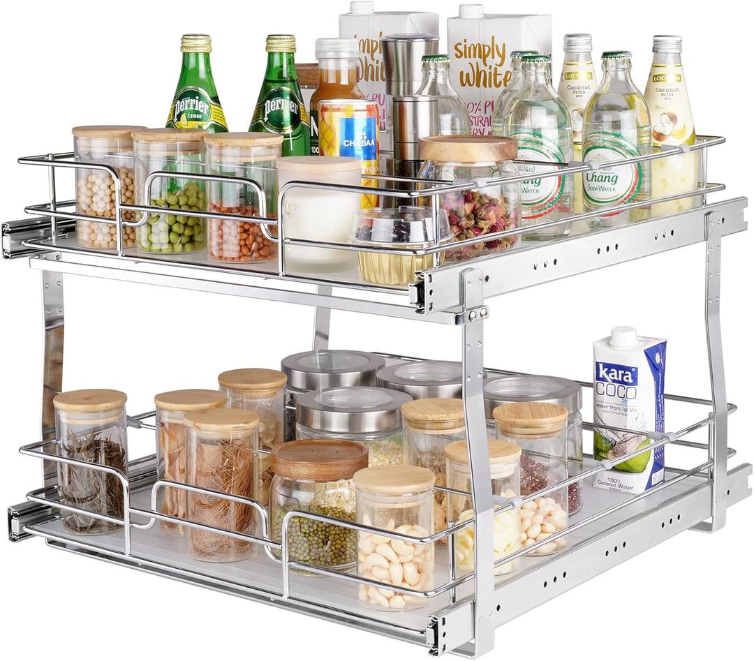 VEVOR 2 Tier 20"Wx21"Dx15"H Pull Out Cabinet Organizer, Heavy Duty Slide Out Pantry Shelves, Chrome-Plated Steel Roll Out Drawers, Sliding Drawer Storage, 21.5"Wx22"Dx18"H Install Size for Cabinet