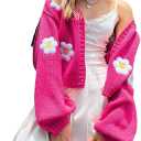 Womens Floral Cardigan Sweaters Long Sleeve Open Front Y2K Cropped Knit Cardigan 90s Aesthetic Shrug Back to College Outfits Magenta S