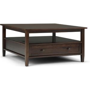SIMPLIHOME Warm Shaker Square Coffee Table - 36 inch Wide Solid Wood Cocktail Table in Tobacco Brown, Transitional Living Room Table with Large Storage Drawer and Open Shelf for Sitting Area