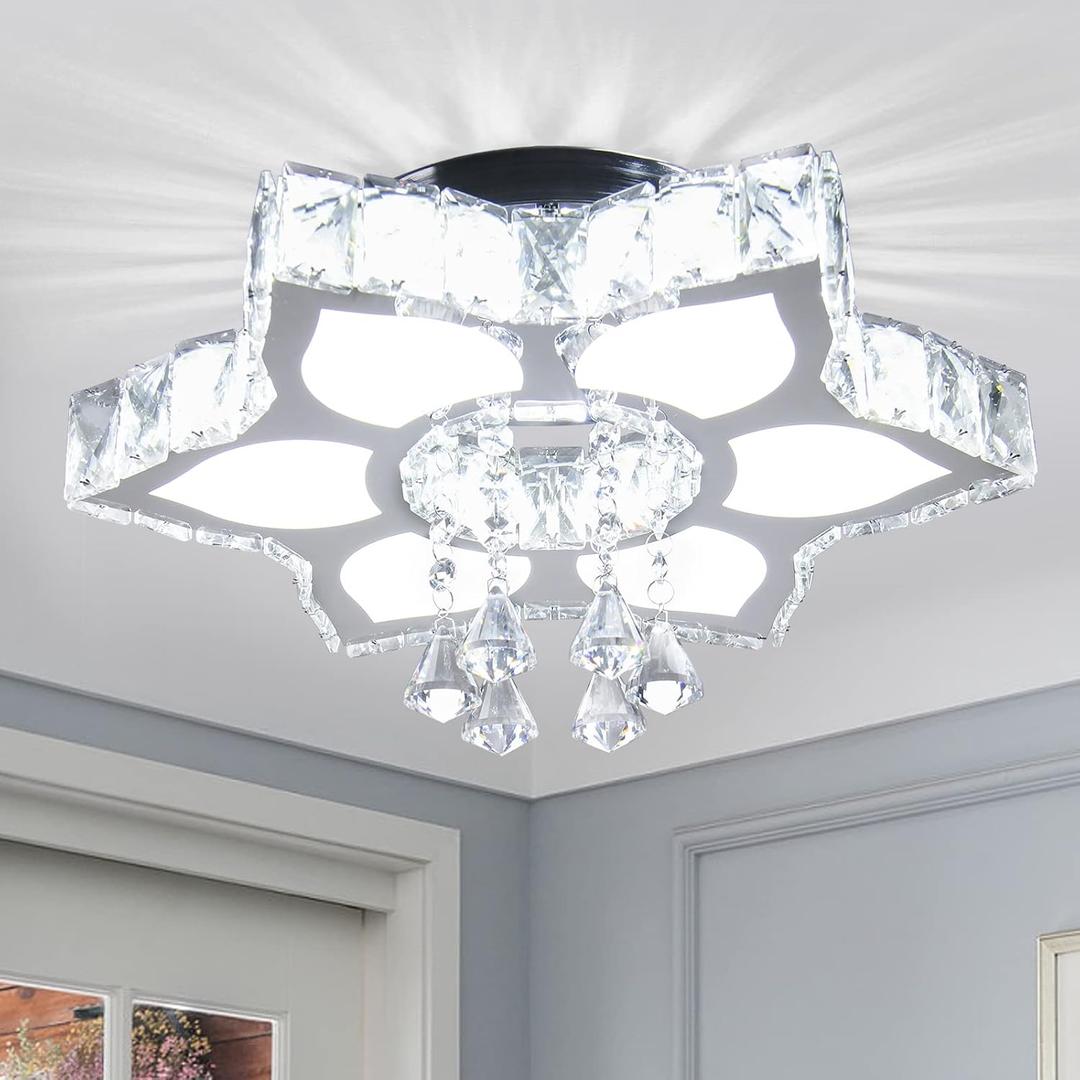CLAIRDAI 16.1" Crystal Ceiling Light Fixture Modern Crystal Chandelier Flower LED Chandeliers Flush Mount Ceiling Light for Bedroom Dining Room Living Room (6500K Cool White)