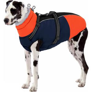 SUNFURA Dog Coat, XXXL Dog Jacket with Harness Built in, Waterproof Pet Winter Coat Snowsuit with Zip, Reflective Fleece Jacket for Extra Large Dogs, Great Dane, Blue 3XL
