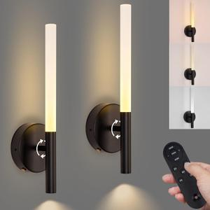 Battery Operated Wall Sconces Set of Two with Remote Control, 360Rotation Wireless Rechargeable Wall Lights, 3000K-6000K & Dimming LED Wall Lights for Living Room Bedroom Bathroom Hallway 15.7inch (Black)