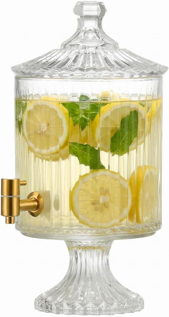 1.2 gallon Glass Drink Dispenser with Stand, Clear Glass Beverage Dispenser with Leakproof Spigot & Filter & Glass Lid, Party Large Drink Dispensers for Water, Lemonade, Juice, Cocktail, Tea