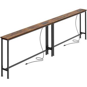 SUPERJARE 86.6 inch Narrow Console Table with Outlet, Sofa Tables, Behind Couch Table, Long Entryway Tables with Charging Station, for Living Room, Rustic Brown