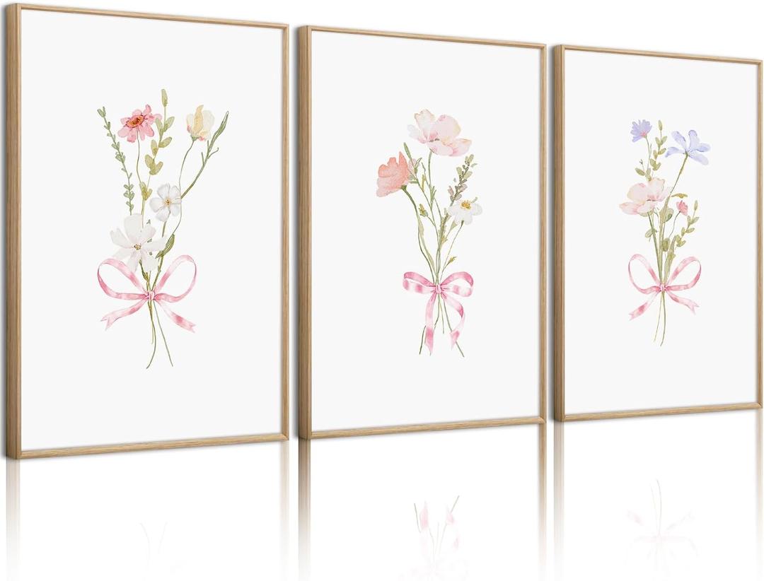 Girl Flower Bow Wall Art Coquette Pink Floral Canvas Wall Decor Nursery Wildflower Poster Aesthetic Flower Pictures Soft Pink Bow Prints Cute Floral for Teen Girls Bedroom 12x16 Inch Unframed 3Pcs