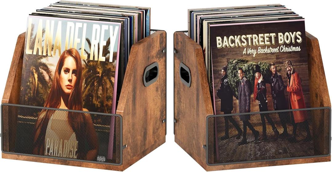 Homeiju 2 Pack Vinyl Storage, Record Crates, Metal & Wooden LP Crate (Rustic Brown Black (2 Pack))