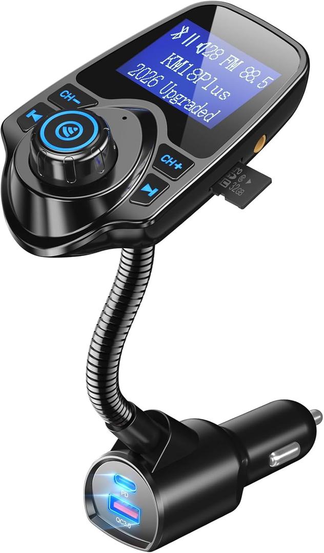 Nulaxy 2026 KM18 Upgraded 48W Bluetooth 5.4 Car FM Transmitter, Fast Charging PD30W+QC3.0 18W, 1.44" Screen Flexible Gooseneck, Radio Adapter for Hands-Free Call & Music via BT/FM/AUX/TF, Cars Trucks