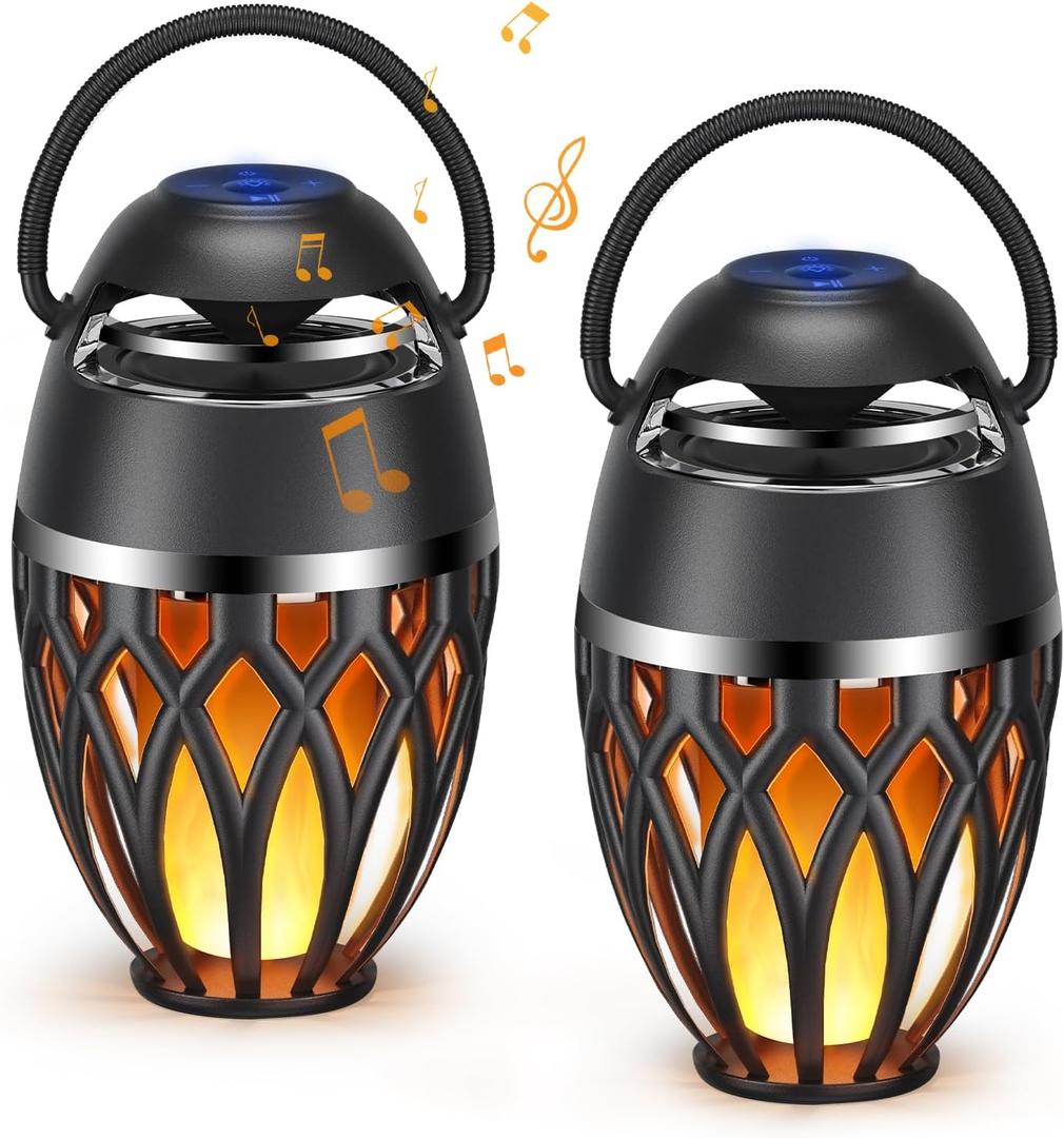 2 Pack Outdoor Bluetooth Speakers,Wireless Speaker with LED Flame Speaker BT 5.0,Waterproof Torch Lantern for Patio Pool Party,Gifts for Women Men (Black)