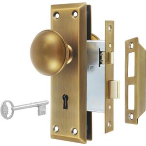 Mortise Lock Set for Interior Door, Vintage Antique Brass Door Knobs with Lock and Skeleton Key, Replacing Old Style Doors