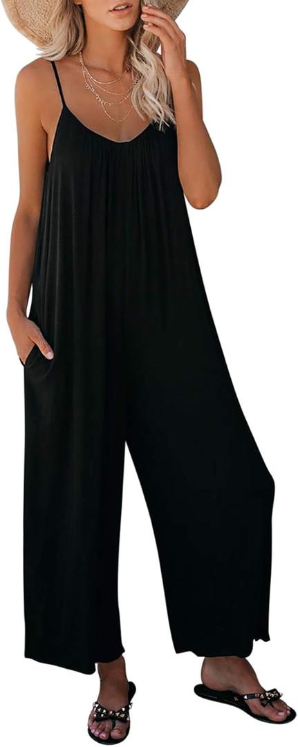 Dokotoo Women's Loose Sleeveless Jumpsuits Adjustable Spaghetti Strap Stretchy Long Pant Romper Jumpsuit with Pockets (1 Black)