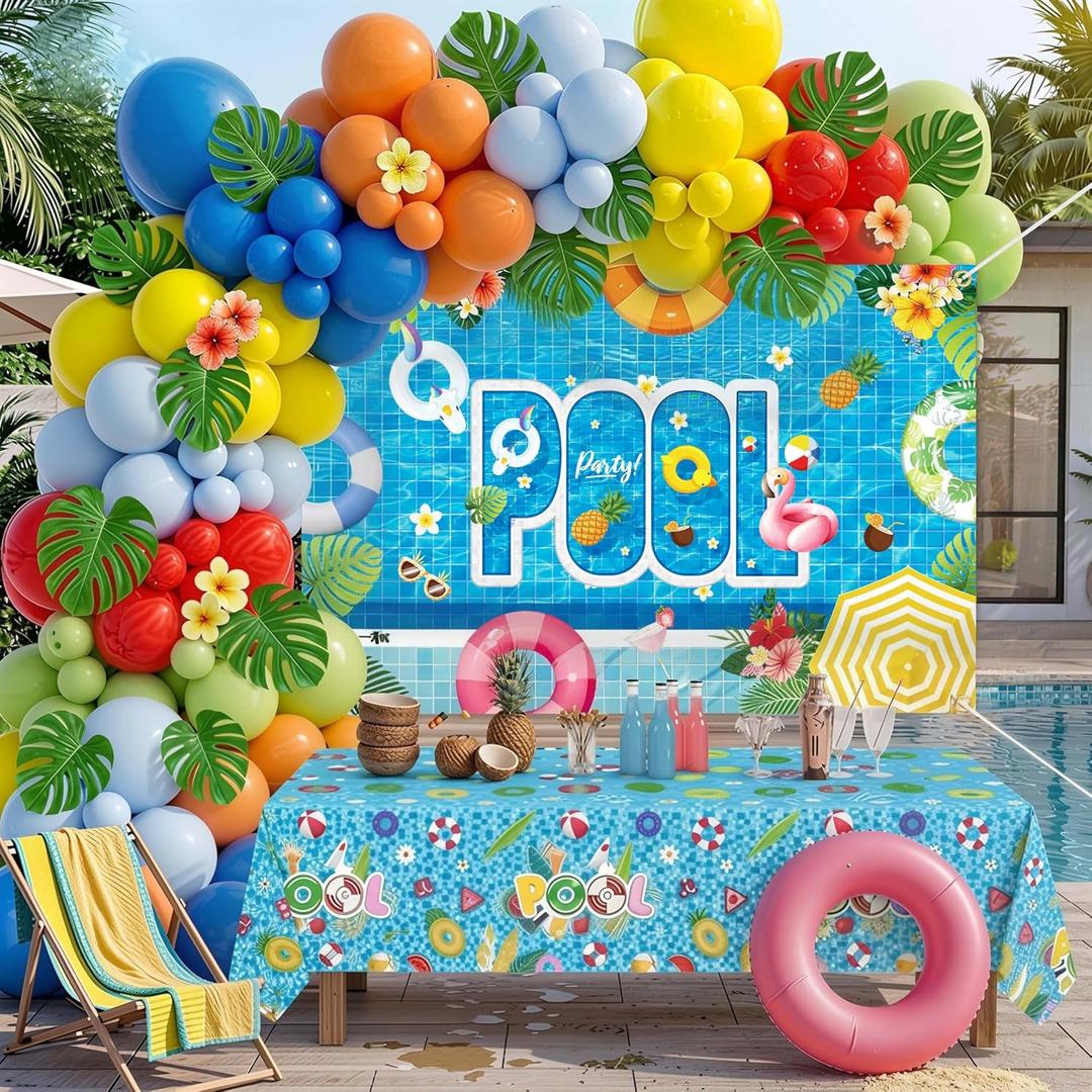 75Pcs Party Decorations Supplies,Tropical Aloha Photography Backdrop,Faux Grass Table Skirt and Balloon Garland Arch Kit for Birthday Party (Pool)