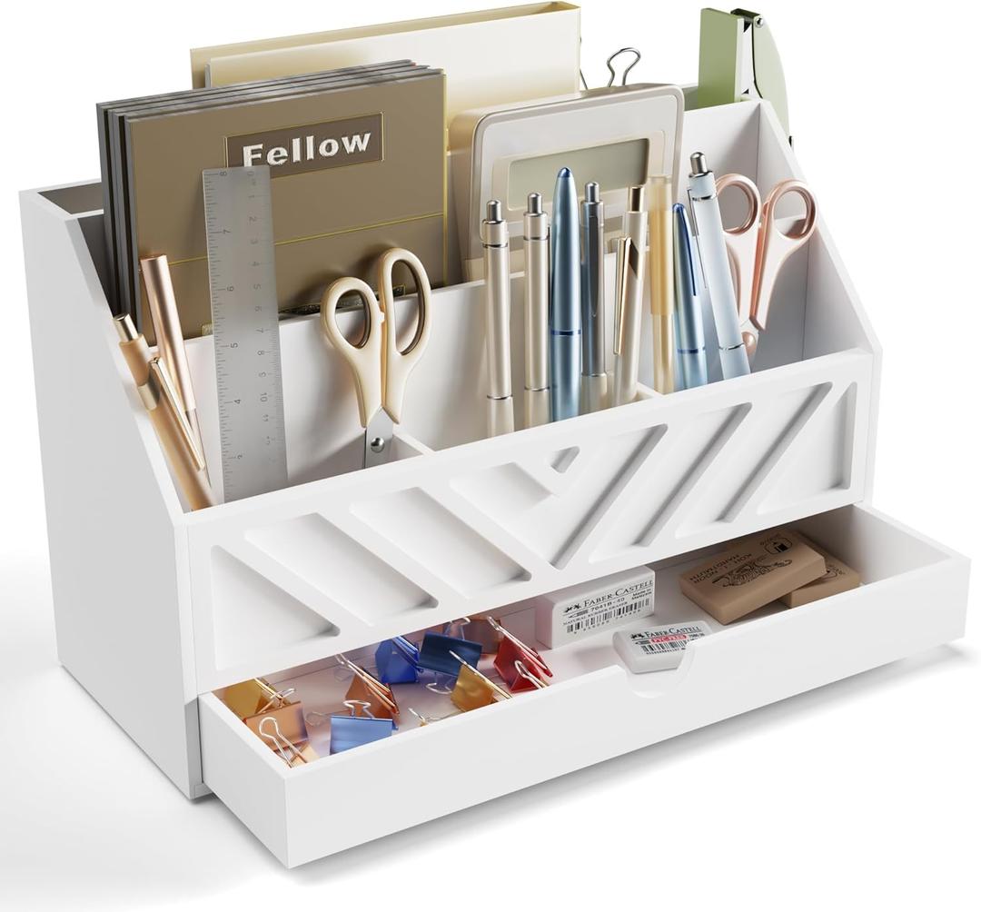 SRIWATANA Mail Organizer Countertop, White Desk Organizer with Drawer, Mail Holder with 5 Compartments for Counter, Desk Office Accessories & File Sorter Letter Paper Holder